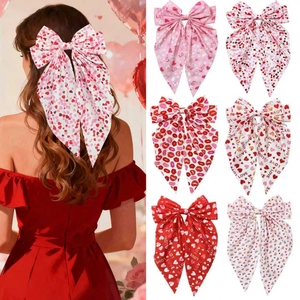 Oversized Fabric Bow Hair Clip With Long Streamers Valentine's Day Heart Lips Printed Spring Clip Sweet Headwear For Women