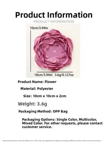 Detail showing 10cm handmade 9-layer fabric flower with specific size and weight data