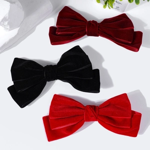 Three-layer velvet bow hair clips in burgundy, black, and red with a high-quality soft texture