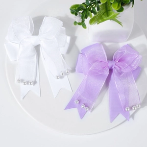 Elegantes pinzas para el cabello para niños con lazo doble de encaje y perlas blanco lila
