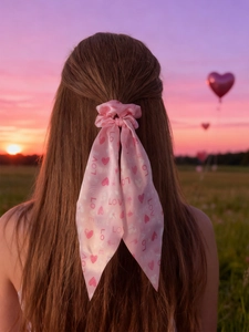Détail d'un chouchou en satin rose avec longs rubans, cœurs rouges et imprimé LOVE