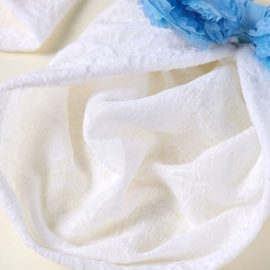 Macro di tessuto bianco lavorato a maglia per neonati con fiori in pizzo blu