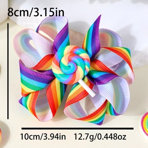 Detail der Regenbogen-Schleife-Haarklammer mit Lollipop-Harz-Dekor und Maßen für Mädchen