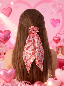Détail du chouchou à longs rubans avec imprimés lèvres et cœurs pour la Saint-Valentin