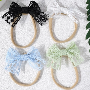 Lot de 4 bandeaux bébé avec nœuds en dentelle en noir, blanc, bleu et vert pastel