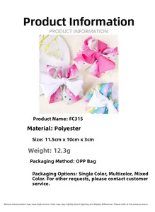 Detailed size and material specs for gradient bow hair clip model FC315 with dimensions