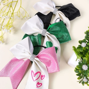 Glitter bow hair ties set with rhinestones and festive clover heart patterns