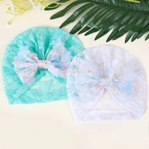 Bonnets turbans pour bébé en dentelle avec grands nœuds et fleurs à paillettes blancs et menthe