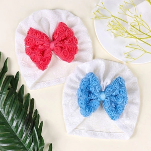 Simpatico Cappello a Turbante a Maglia per Bambini Con Grande Fiocco a Rosa 3D in Pizzo Chiffon Beanie per Neonati per Fotografia