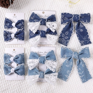 Blumiges Denim und Spitzen Haarschleifen Set mit Bändern für Mädchen, Vintage Blau