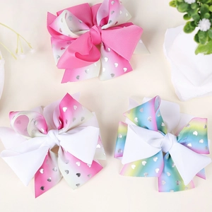 Three-piece set of gradient rainbow bow hair clips with silver heart sequins patterns