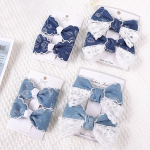 Set aus Vintage-Denim- und Spitzen-Haarschleifen für Mädchen mit vier blauen Mustern