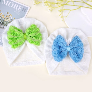 Turbanti in maglia per neonati con grandi fiocchi floreali in chiffon verde e blu