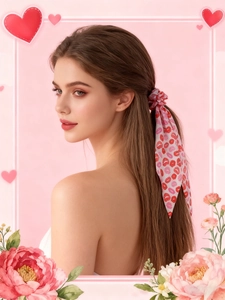 Détail d'un chouchou en satin rose avec empreintes de lèvres rouges sur un long ruban