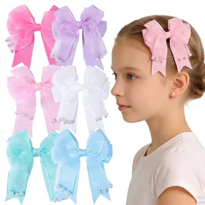 Pinza para el Cabello con Lazo de Cinta para Niños Organza en Capas Malla Perla Artificial Tocado Elegante Niñas Accesorios