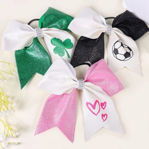 Large Sequin Cheer Bow Hair Tie Handmade Faux Leather Rhinestone Bowknot For Kids Football Shamrock Heart Pattern Hair Tie