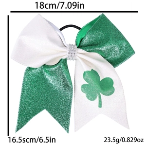 Detail of St. Patrick's Day green clover hair bow with sequins and rhinestone center