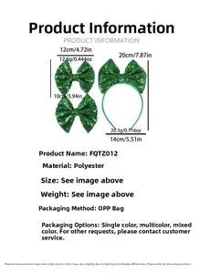 Détail du serre-tête et de la pince à nœud vert à paillettes avec dimensions indiquées