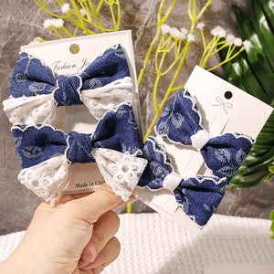 Vintage Denim Spitze Schleife Haarspangen Set Für Mädchen Handgemachte Blumig Bestickte Haarnadeln Süße Denim Stoff Haarschmuck