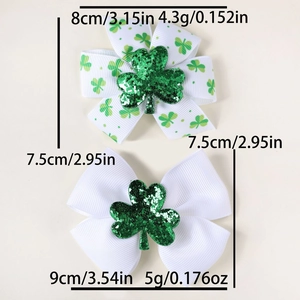 Detailed size chart showing green clover bows with glitter shamrock for St. Patrick's Day