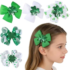 St Patrick Day Kids Hair Clips Green Shamrock Glitter Bow Hairpins Clover Ribbed Ribbon Barrette Accessories For Girls Party