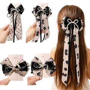 Élégantes Pinces à Cheveux Nœud Satin Organza Künstliche Perle Pois Floral Long Ruban Accessoires de Coiffure pour Femmes Filles