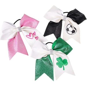 Glittery bow hair ties set with soccer, clover, and pink heart sequin patterns