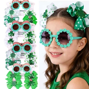 Set di Accessori per Bambini Giorno di San Patrizio Fermagli per Capelli a Fiocco con Trifoglio Verde e Occhiali da Sole a Margherita per Festa