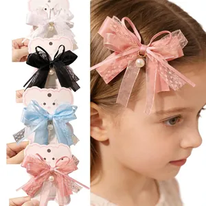 Girls Sweet Lace Bow Hair Clips With Faux Artificial Pearl Pendant Satin Ribbon Princess Hair Accessories For Kids Party Daily Wear
