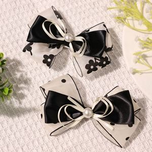 Barrettes à cheveux élégantes avec nœuds en satin noir, tulle floral et perles pour filles
