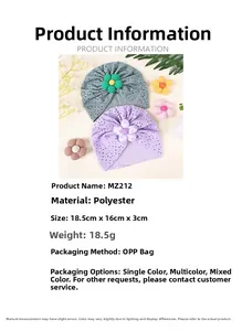 Detailed view of polyester baby turban hat showing 18.5x16cm dimensions and floral cutouts