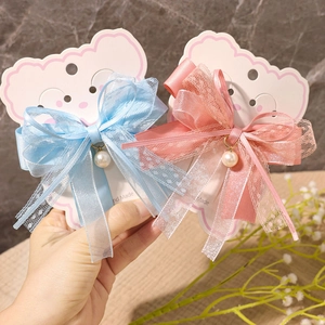 Lace bow hair clips for girls with ribbon and pearl pendant on cloud display card