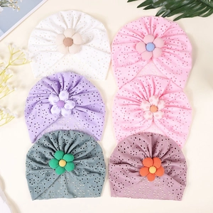 Set of 6 breathable hollow-out baby turban hats with decorative fabric flowers