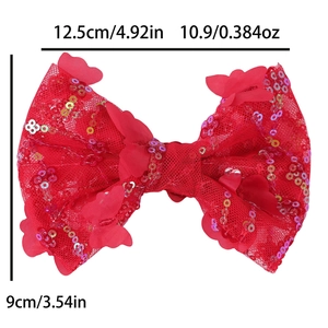 Detailed view of red sequin bow hair clip with dimensions 12.5cm by 9cm for girls