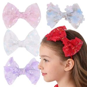 Kids Sequin Bow Hair Clip 3D Butterfly Flower Mesh Tulle Fairy Style Hairpin For Girls Hair Accessories Party Hair Decor