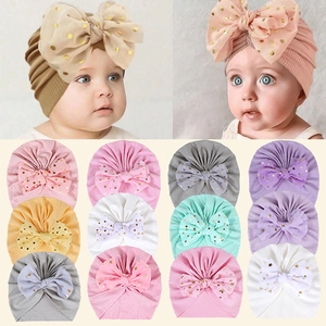 Süße Baby Turban Mütze Mit Großer Schleife Weiche Elastische Rippmütze Punkt Stern Metallic Druck Neugeborene Kleinkinder Haar Zubehör