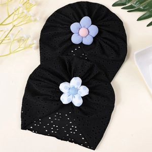 Breathable hollow knit baby turban hat set with decorative floral accents for infants