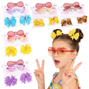 Kids Fashion Heart Shaped Gradient Sunglasses And Ribbon Bow Hair Clips For Girls Decorative Cute Hair Accessories