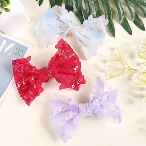 Sparkling sequin lace bow hair clips for girls with 3D butterflies and floral accents