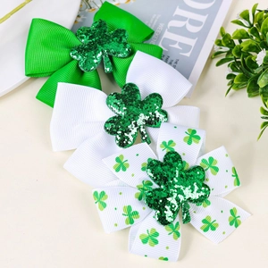Saint Patrick's Day shamrock bow hair clips set with green sequins for girls