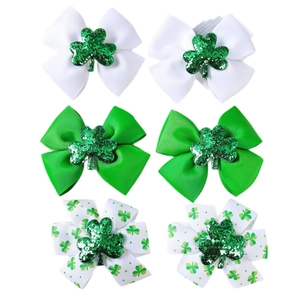 6-pack St. Patrick's Day clover bow hair clips for girls with green glitter shamrocks