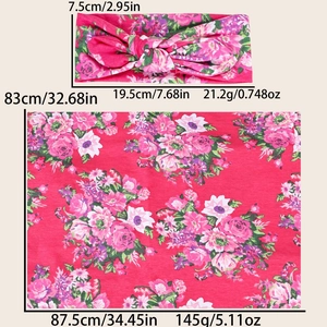 Tableau des tailles détaillé pour le bandeau bébé floral et l'ensemble de lange rose foncé