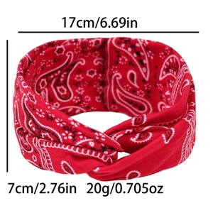 Détails du bandeau bandana rouge affichant les dimensions 17cm x 7cm et le poids 20g