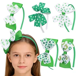 Fascia per Capelli per Bambini San Patrizio Con Fiocco a Trifoglio Verde Bianco in Gros Grain Accessori per Feste