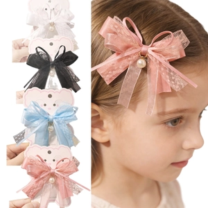Handmade lace bow hair clips with pearls and ribbons for girls in four sweet colors
