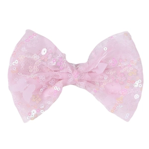 Detail of pink sequin mesh bow hair clip with decorative mini butterflies for girls