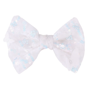 Detailed macro view of white lace bow hair clip with shimmering sequins and 3D butterflies