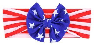 Detail view of baby knot headband with American flag stars and stripes bow