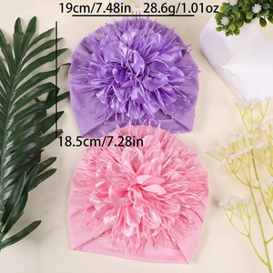 Cute newborn baby turban hats with large satin flower decor in lilac and pink colors