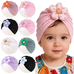 Baby Girls Turban Hat Soft Breathable Hollow Out Eyelet Beanie With 3D Flower Polka Dot Baby Headwrap Infant Accessories